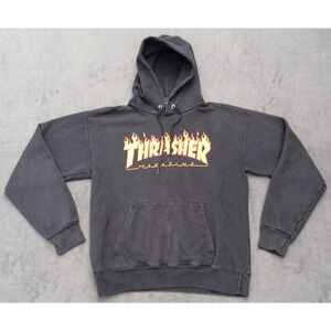 Thrasher Skateboard Magazine Hoodie Sweatshirt Black Size S Flames Logo Y2K *